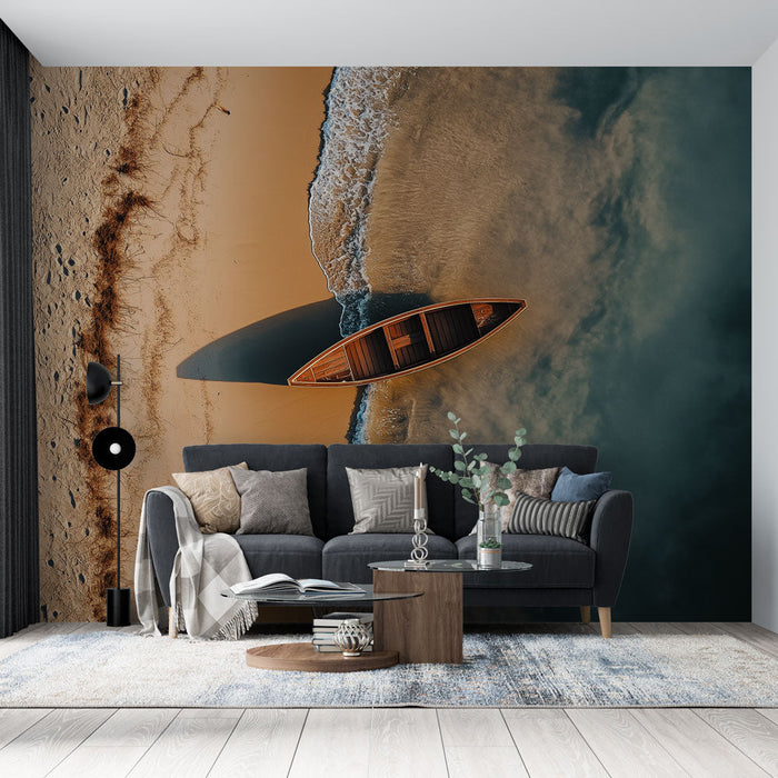 Tapet mal de mare | O frumoasă vedere aeriană a unei bărci pe o plajă aurie