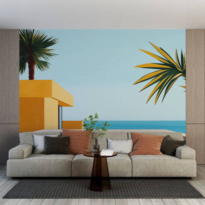 Carta da parati mare | Vista moderna di una piscina con palme e oceano blu