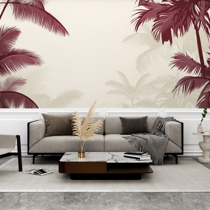 Tapete Bordeaux | Stilisierte Palmblätter auf hellem Hintergrund