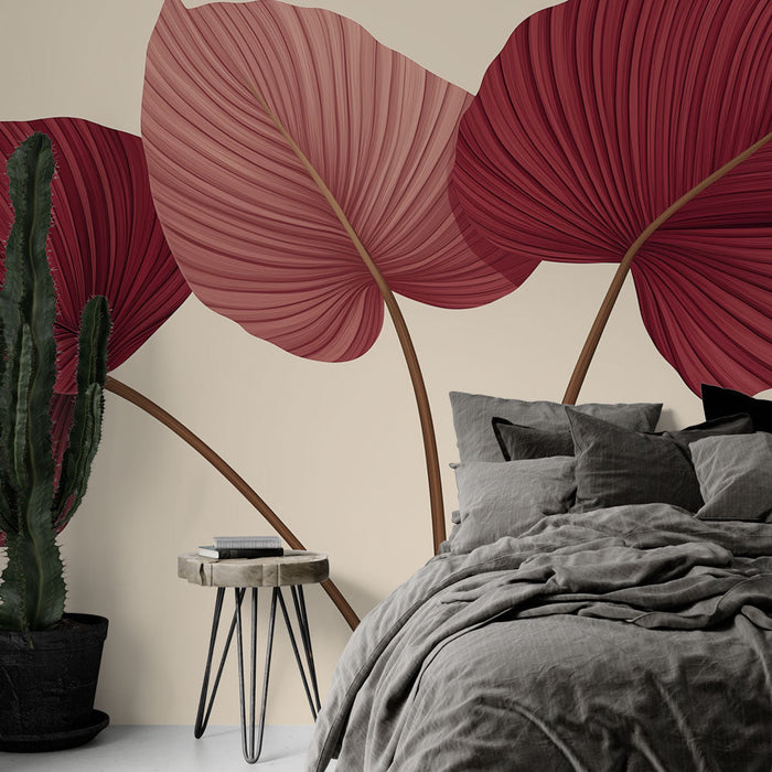 Mural Wallpaper Bordeaux | Delicate leaves in reddish tones