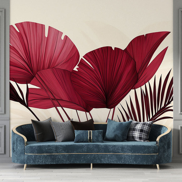 Tapetti Bordeaux | Punaiset trooppiset lehdet vaalealla taustalla