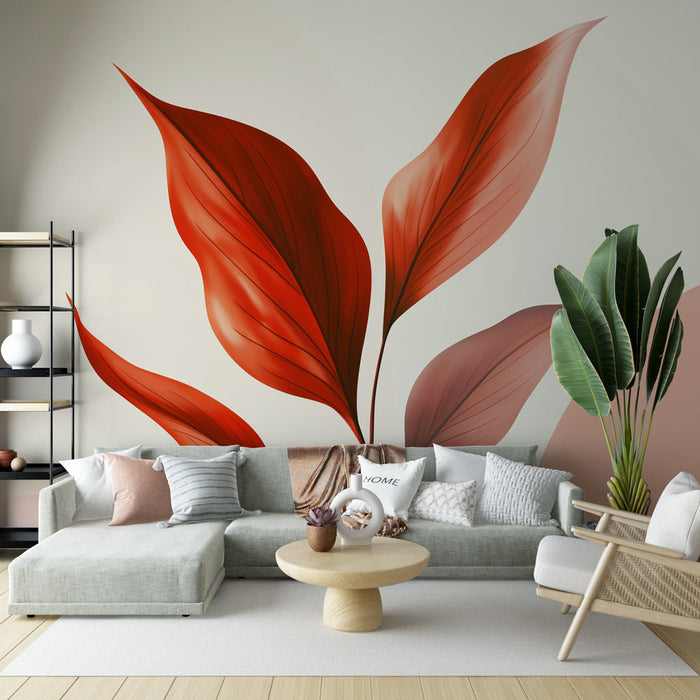 Tapetti Modern Bordeaux | Tyyliteltyjä lehtiä punaisen ja vaaleanpunaisen sävyissä