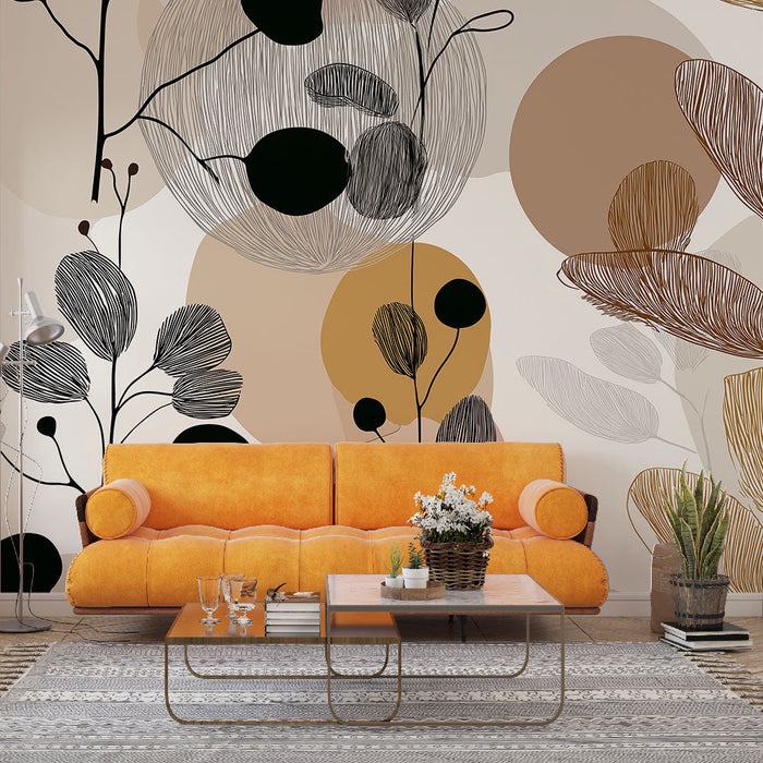 Abstract botanical wallpaper | Leaf and circle patterns in soft tones