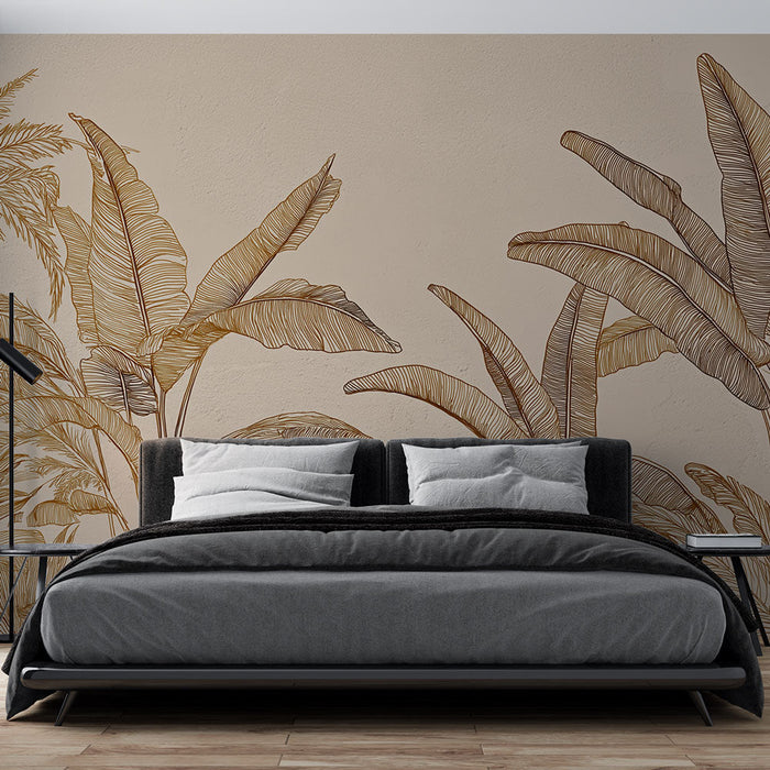 Botanical Mural Wallpaper | Elegante løvverk i gull på en nøytral bakgrunn