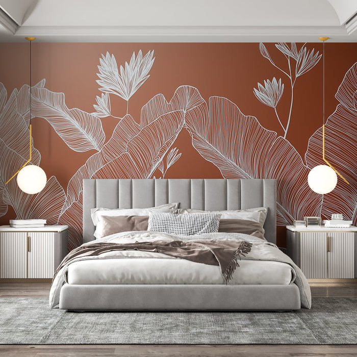 Tapeta botaničkog zida | Bijeli listovi na terakota pozadini