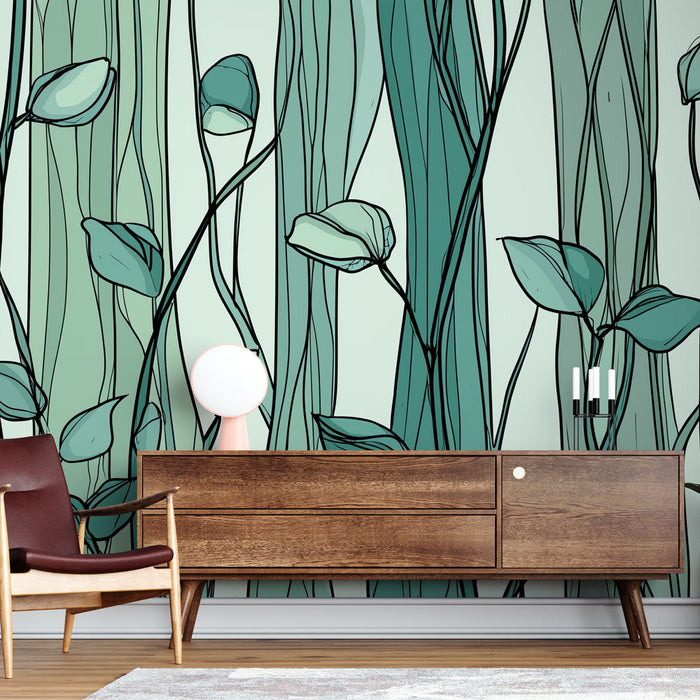 Botanična tapeta | Nežni listi v modrih in zelenih tonih