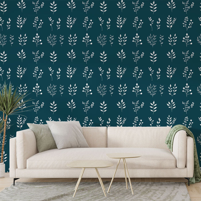 Botanical Mural Wallpaper | Elegant Leaves and Berries on Deep Blue Background
Foto Behang met Botanische Print | Elegante Bladeren en Bessen op Diepblauwe Achtergrond