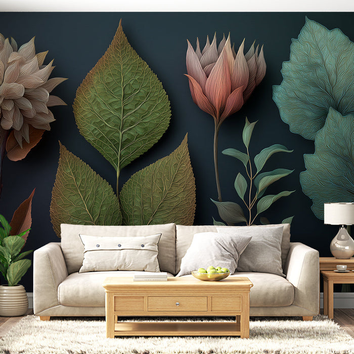 Χλωρίδα Ταπετσαρία Τοίχου | Φύλλα και λουλούδια με ανάγλυφο σε απαλά χρώματα