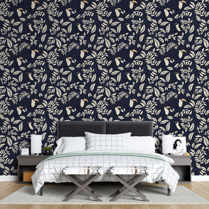 Tapete botanique | Листа и тукани на тъмен син фон