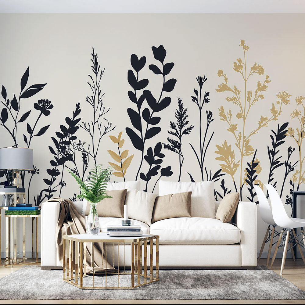 Botanical Mural Wallpaper | Modern Line Art with Terracotta Circles main image 1