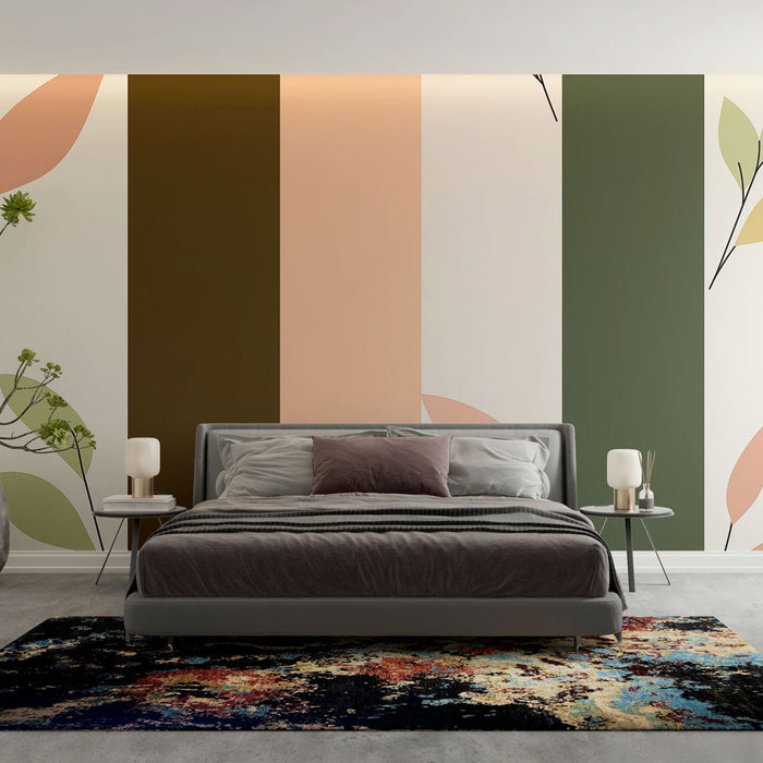 Tapeta botanická | Barevný pruhový vzor a jemné listí