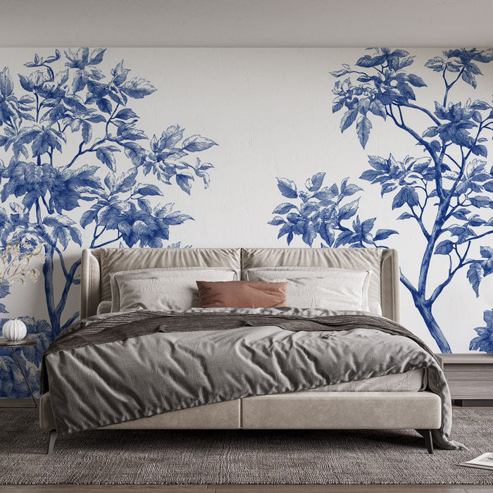 Mural Wallpaper botanical | Blue and white foliage pattern