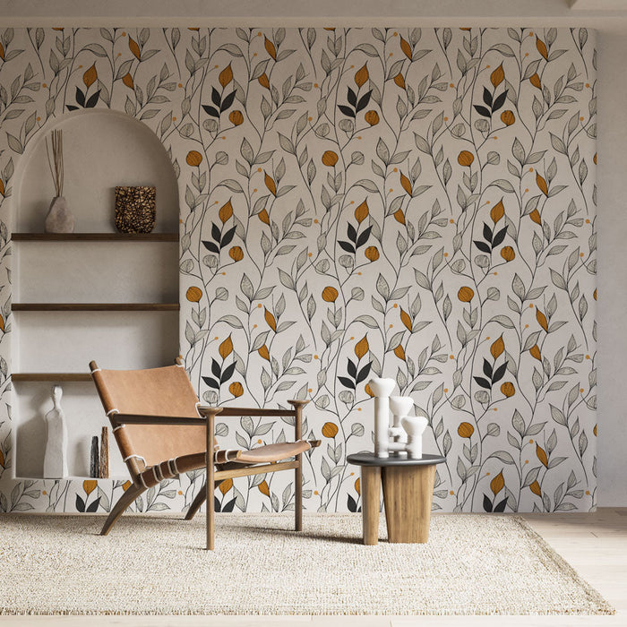 Fototapet botanik | Siyah ve altın tonlarında yaprak ve çiçek deseni