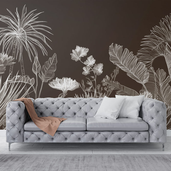 Papel pintado botánico | Diseño de plantas blancas sobre fondo oscuro