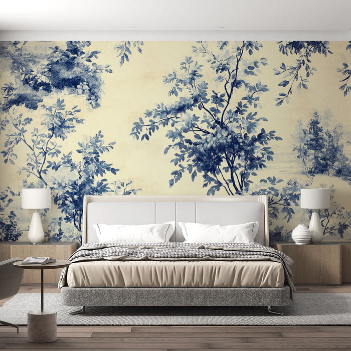 Foto Behang botanisch | Bloemenpatroon in blauw en wit