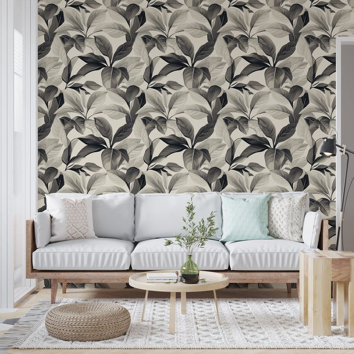 Tapeta botanická černá a bílá | Elegantní listový motiv v odstínech šedé