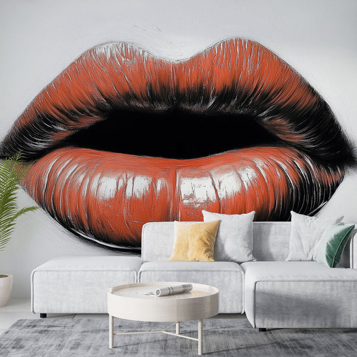 Tapete lips | Fettes Design von orange-roten Lippen auf weißem Hintergrund