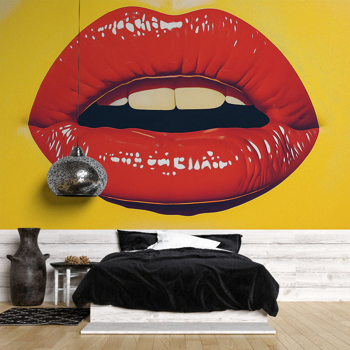 Foto Behang rode lippen | Glamour en stijl op felgele achtergrond