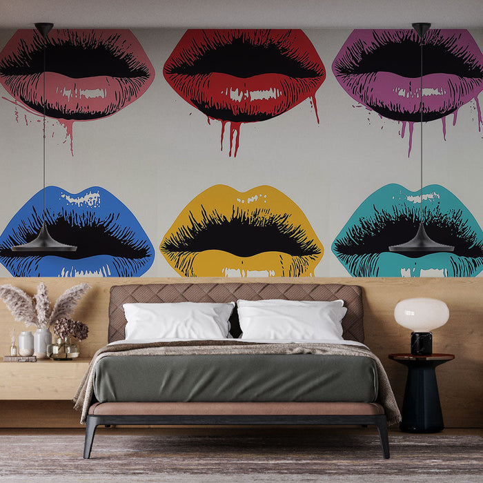 Mural Wallpaper colorful mouths | Pop art pattern of vibrant lips with dripping effects