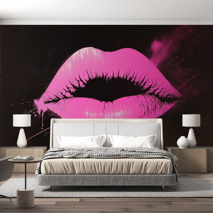 Tapete pink lips | Fettes Design mit glänzenden Lippen auf einem schwarzen Hintergrund