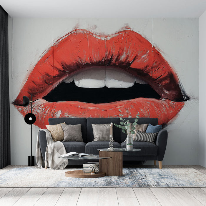 Carta da parati red lips | Design artistico di labbra su sfondo bianco
