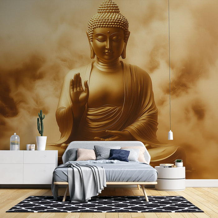 Mural Wallpaper Golden Buddha | Serene Buddha surrounded by golden and cloudy hues