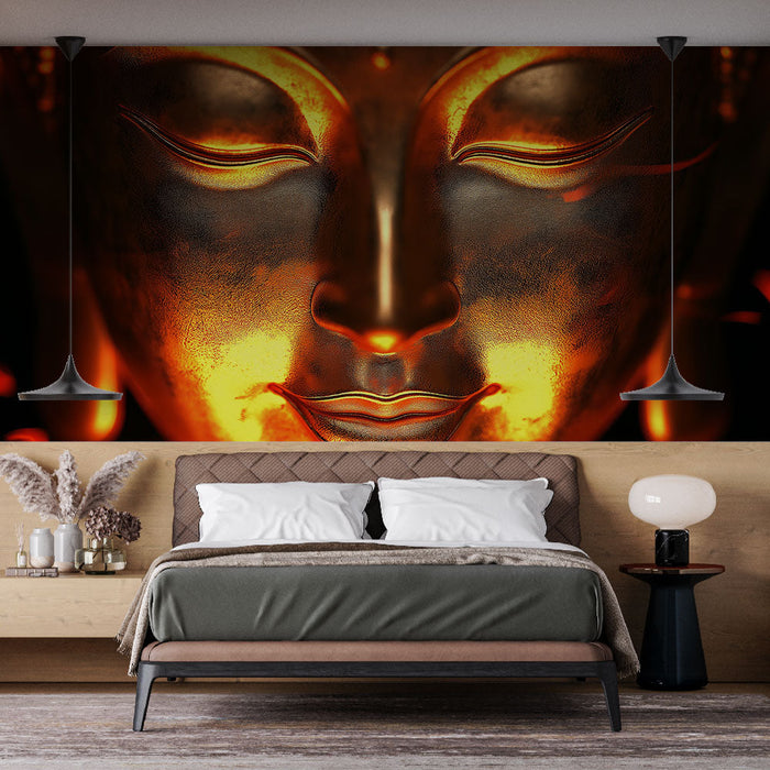 Mural Wallpaper Golden Buddha | Mural Wallpaper Golden Metal Buddha with Soft Light