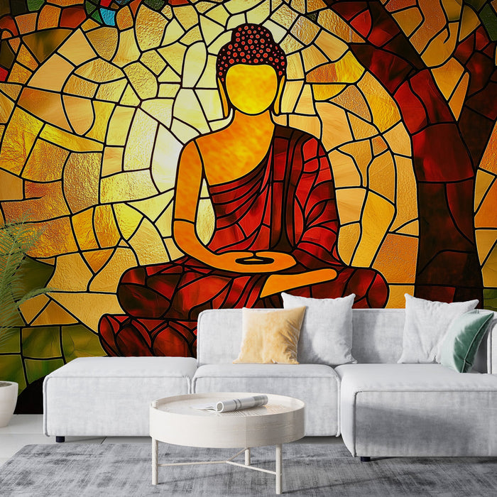 Mural Wallpaper Buddha | Fargede glasskår som representerer en Buddhastatue