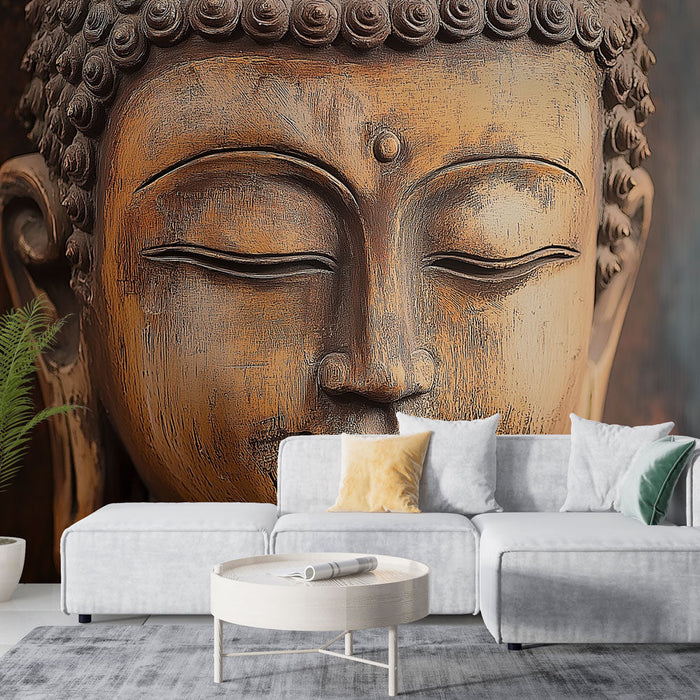 Papel pintado Buddha en madera | Rostro sereno en relieve con detalles esculpidos