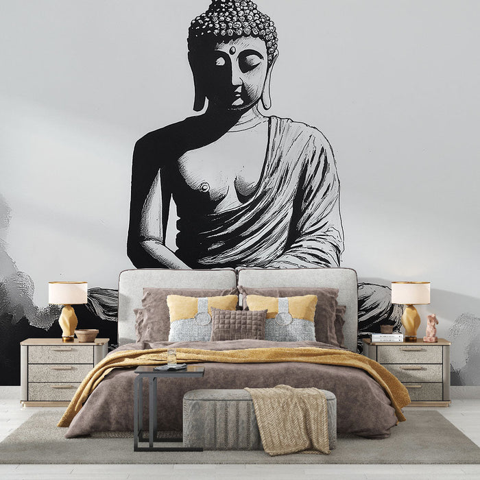 Mural Tapet Buddha | Monokrom illustrasjon av en Buddha-statue i meditasjon