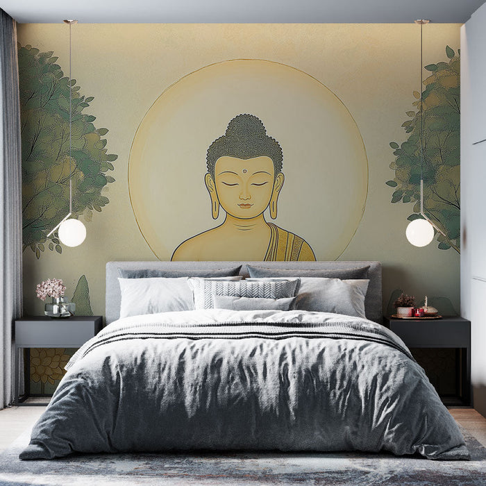 Tapet Buddha | Fredfyldt illustration af en Buddha omgivet af naturen