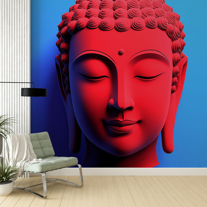 Tapete Moderner Buddha | Buddha-Kopf in Rot auf blauem Hintergrund