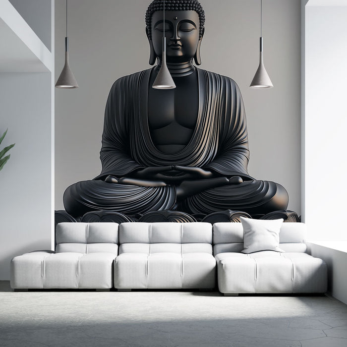 Foto Behang Zwart Boeddha | Elegante sculptuur in meditatie op een lotus