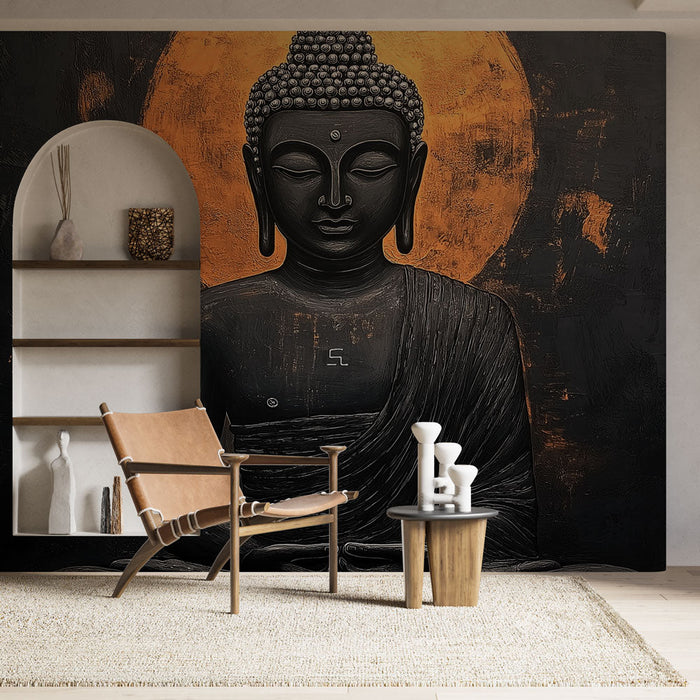 Tapet Buddha | Tapet Buddha i sort med en gylden baggrund