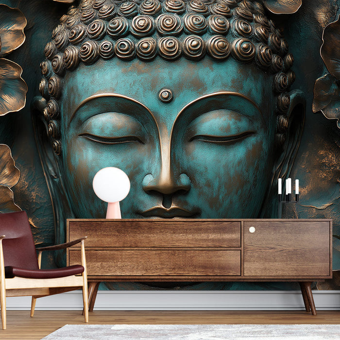 Tapete Buddha | Metallrelief mit goldenen Blumen