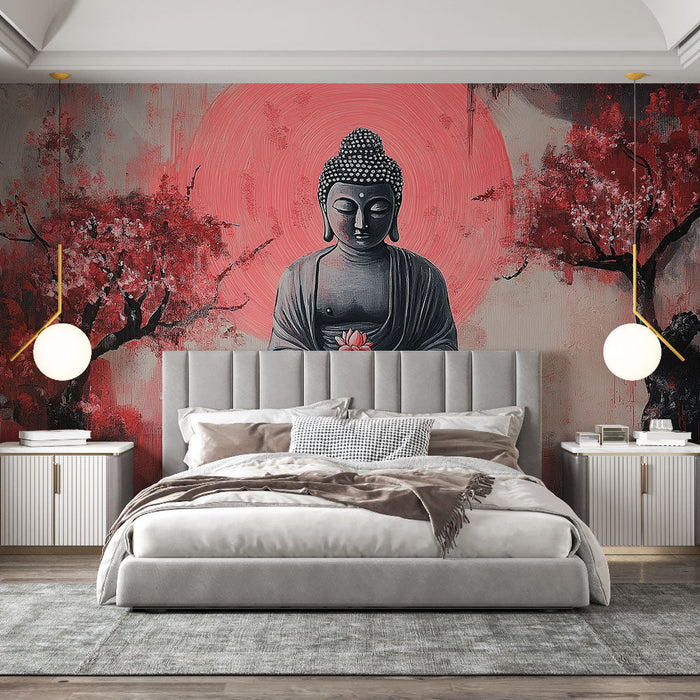 Mural Wallpaper Buddha | Beroligende scene med Buddha og kirsebærblomster