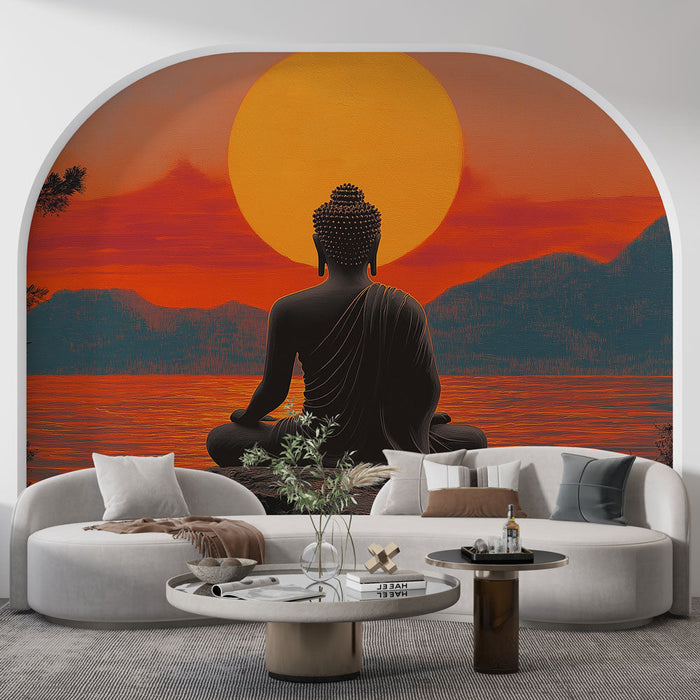 Foto Behang Buddha | Silhouet van Buddha bij Spectaculaire Zonsondergang