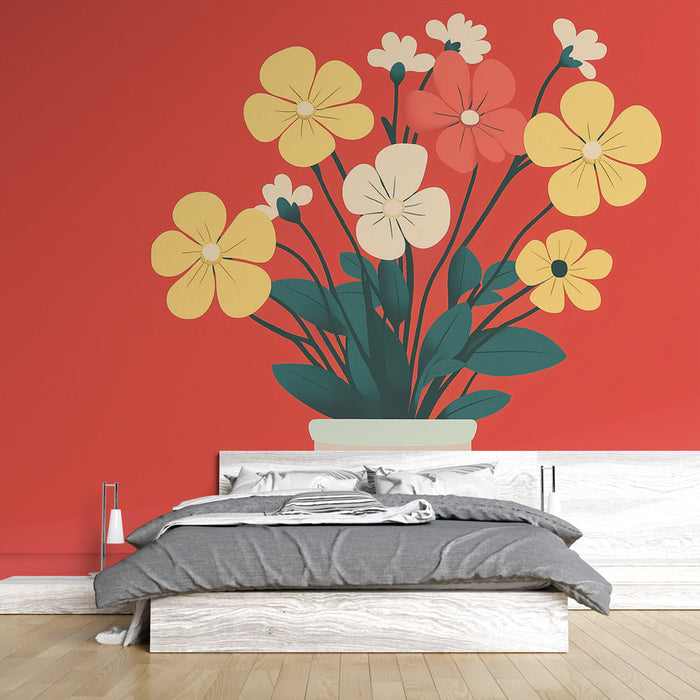 Mural Wallpaper bouquet of flowers | Pot of flowers on red background