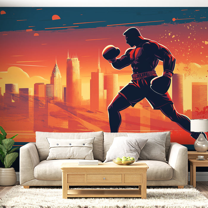 Tapetti nyrkkeilijä | Graafinen kuva nyrkkeilijästä dynaamisella kaupunkitaustalla