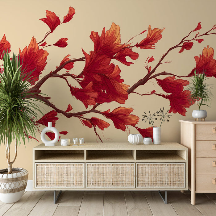 Fototapet kırmızı çiçekler dalı | Krem arka plan üzerinde gösterişli çiçeklerle süslenmiş zarif dal