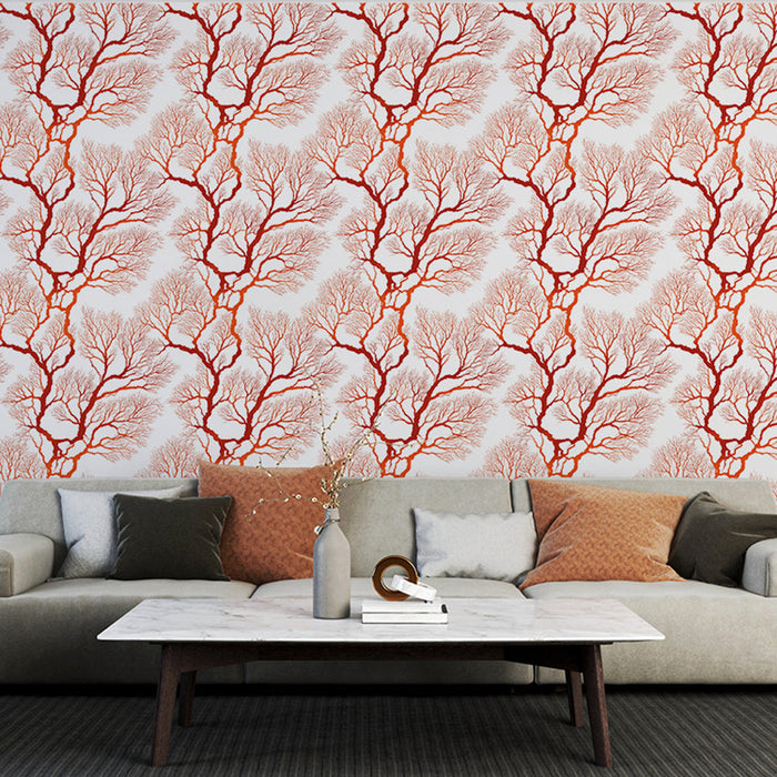 Tapet cu ramuri de copac | Model de ramură în roșu pe fundal alb