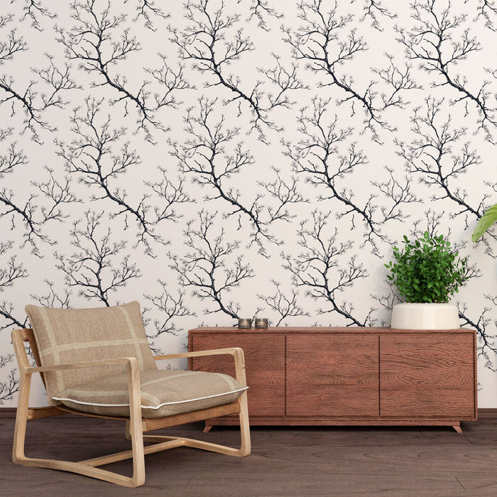 Papel de parede com galhos de árvores | Padrão delicado de galhos pretos em fundo branco