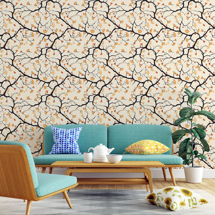 Papel de parede árvore de galhos | Padrão delicado de galhos pretos com folhas douradas