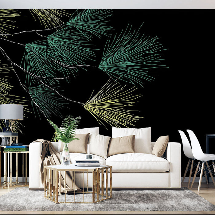 Fototapet nåletræsgrene | Delikate streger af grønt og gult på en sort baggrund