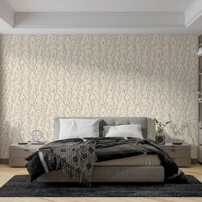 Mural Wallpaper delicate branches | A subtle pattern of branches and berries on a beige background