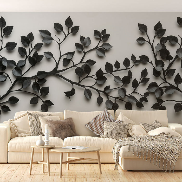 Tapeta elegantni-vejce | Černý a šedý listový reliéfní vzor