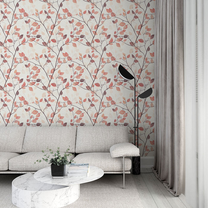 Mural Wallpaper branches and leaves | Delicate patterns of branches with pastel leaves