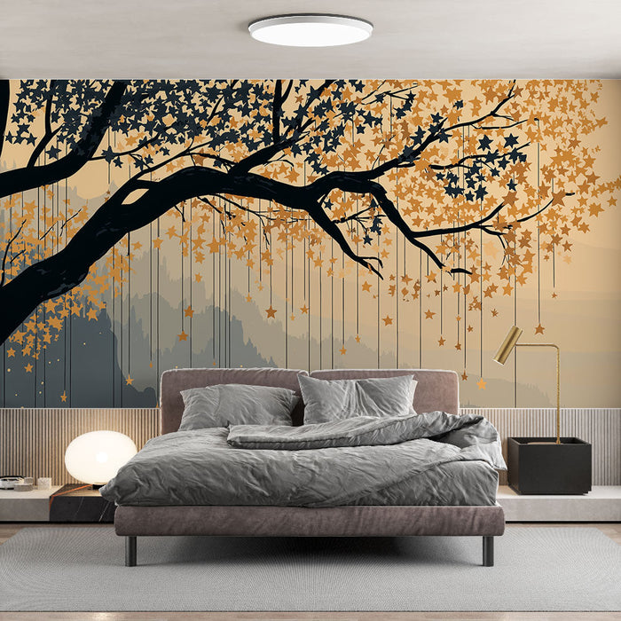 Papel de parede galhos estrelados | Uma árvore com folhas douradas em um pano de fundo de montanhas