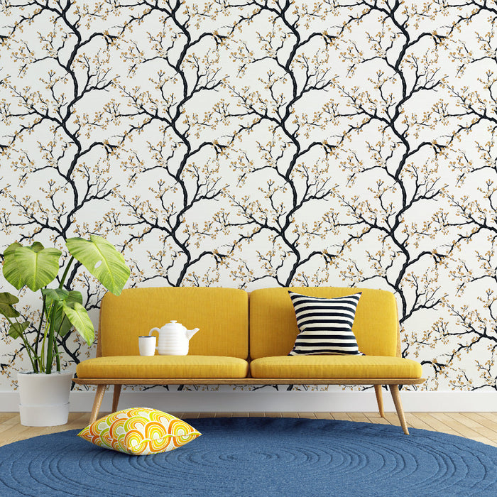 Tapeta květinové větve | Temný motiv větve s zlatými květy