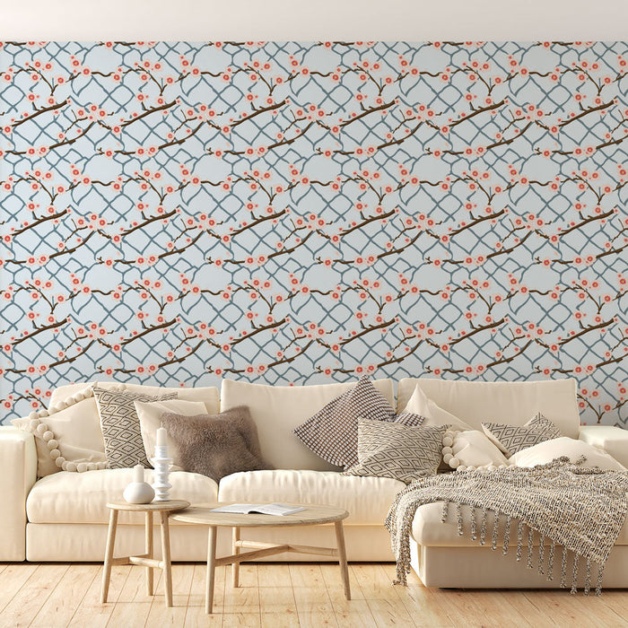 Mural Wallpaper floral branches | Pink flower pattern on light blue background with grid